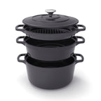Batería de Cocina Apilable de Hierro Fundido 4 Piezas (Cazuela + Sartén + Sartén Grill) + 4 Protecciones de Silicona - Negro