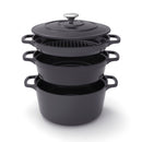 Batterie De Cuisine Empilable En Fonte 4 Pièces (Cocotte + Sauteuse + Poêle Grill) + 4 Protections En Silicone - Noir