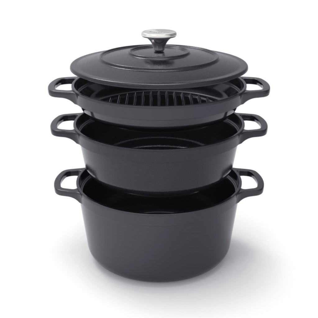 Batería de cocina apilable de hierro fundido de 4 piezas (cocotte + cazo bajo + sartén grill) + 4 protectores de silicona - Negro