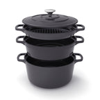 Batería de cocina apilable de hierro fundido de 4 piezas (cocotte + cazo bajo + sartén grill) + 4 protectores de silicona - Negro