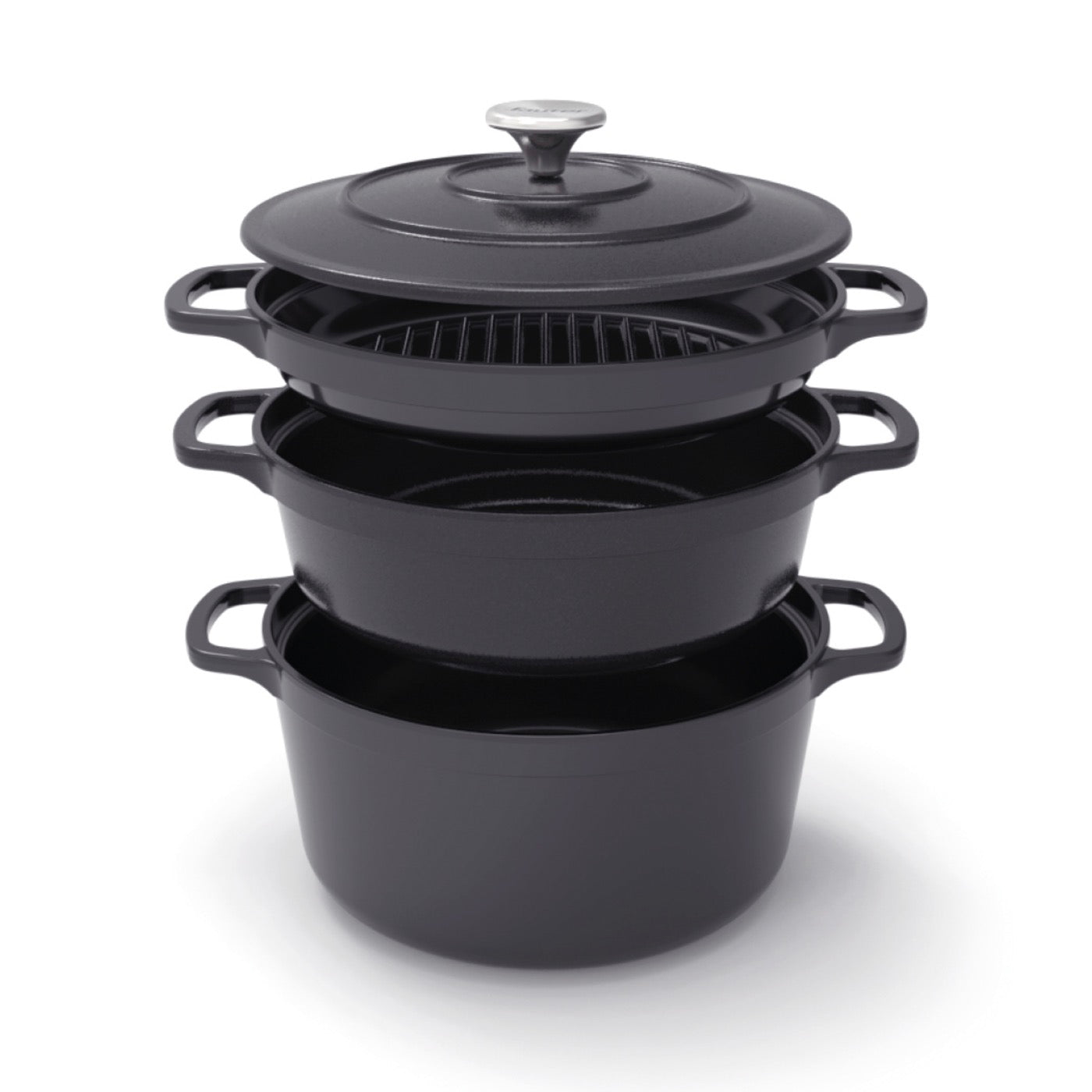 Batería de cocina apilable de hierro fundido de 4 piezas (cocotte + cazo bajo + sartén grill) + 4 protectores de silicona - Negro