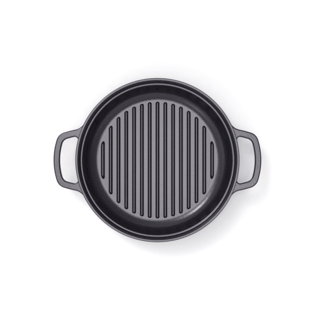 Batería de Cocina Apilable de Hierro Fundido 4 Piezas (Cazuela + Sartén + Sartén Grill) + 4 Protecciones de Silicona - Negro