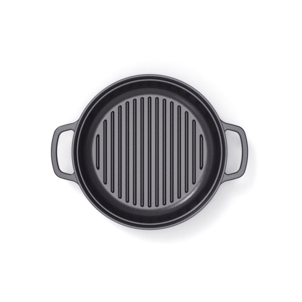 Batería de cocina apilable de hierro fundido de 4 piezas (cocotte + cazo bajo + sartén grill) + 4 protectores de silicona - Negro