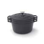 Batería de Cocina Apilable de Hierro Fundido 4 Piezas (Cazuela + Sartén + Sartén Grill) + 4 Protecciones de Silicona - Negro