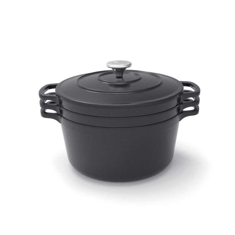Batterie De Cuisine Empilable En Fonte 4 Pièces (Cocotte + Sauteuse + Poêle Grill) + 4 Protections En Silicone - Noir