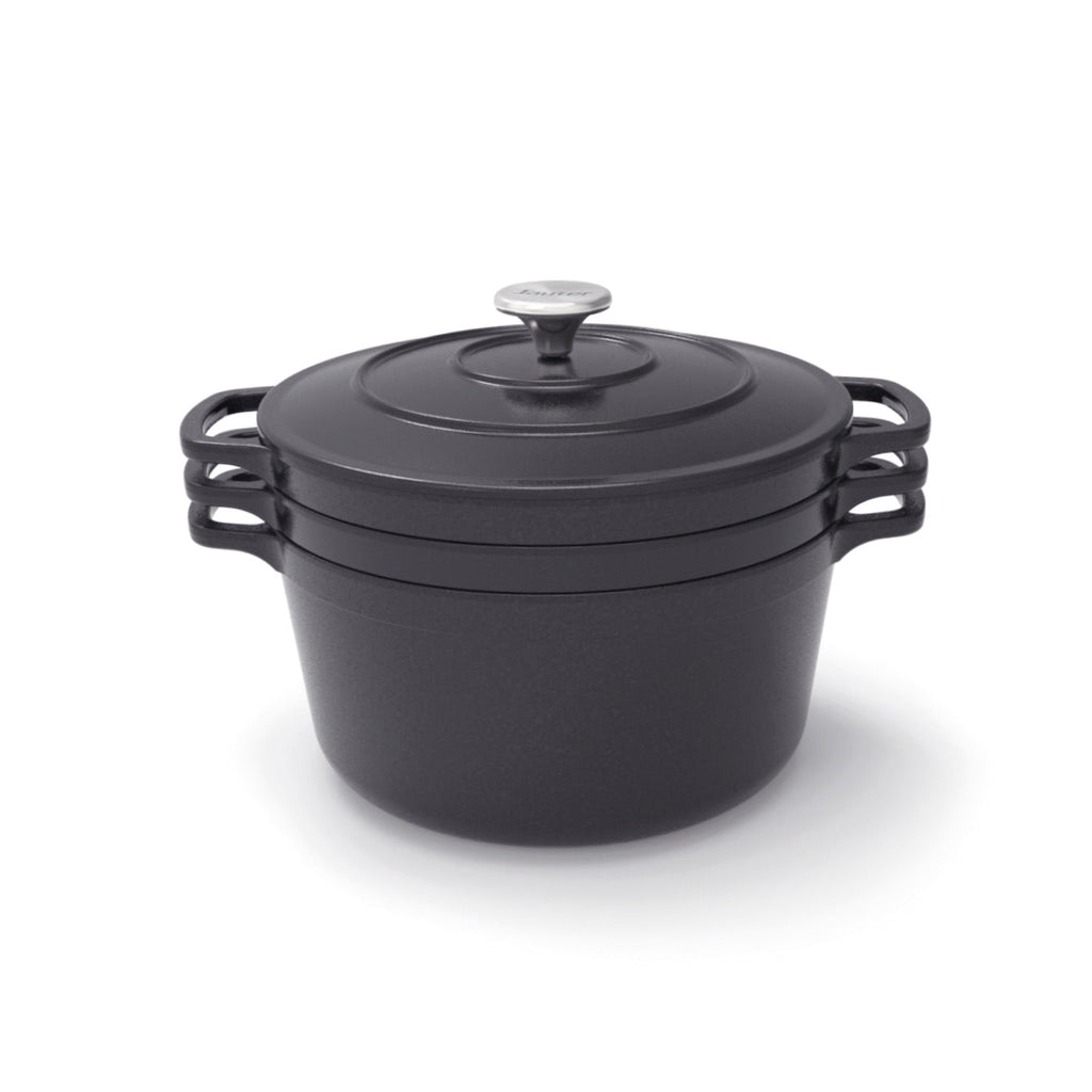 Batería de cocina apilable de hierro fundido de 4 piezas (cocotte + cazo bajo + sartén grill) + 4 protectores de silicona - Negro