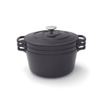 Batería de cocina apilable de hierro fundido de 4 piezas (cocotte + cazo bajo + sartén grill) + 4 protectores de silicona - Negro