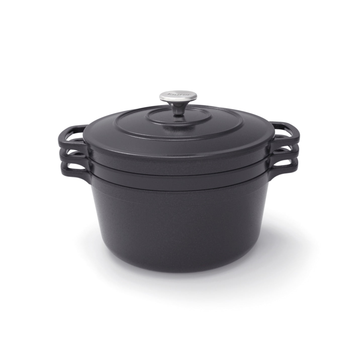 Batería de cocina apilable de hierro fundido de 4 piezas (cocotte + cazo bajo + sartén grill) + 4 protectores de silicona - Negro