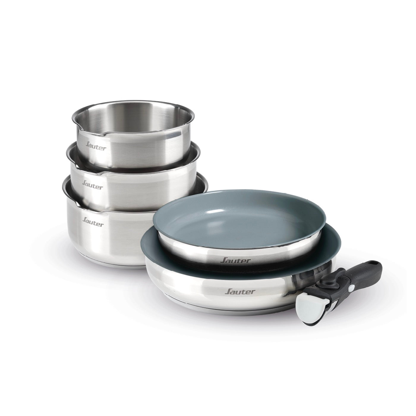 Batería Apilable Antiadherente Con Mango Extraíble 6 Piezas - Amo Ceramic Grey - Plateado