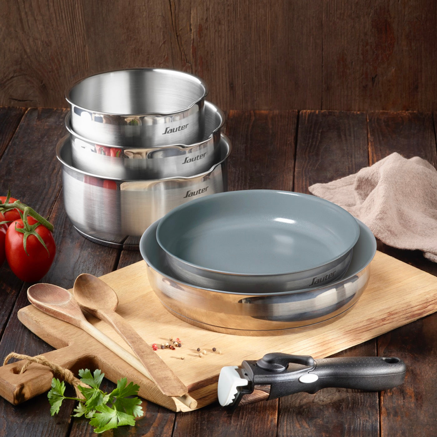 Batería Apilable Antiadherente Con Mango Extraíble 6 Piezas - Amo Ceramic Grey - Plateado