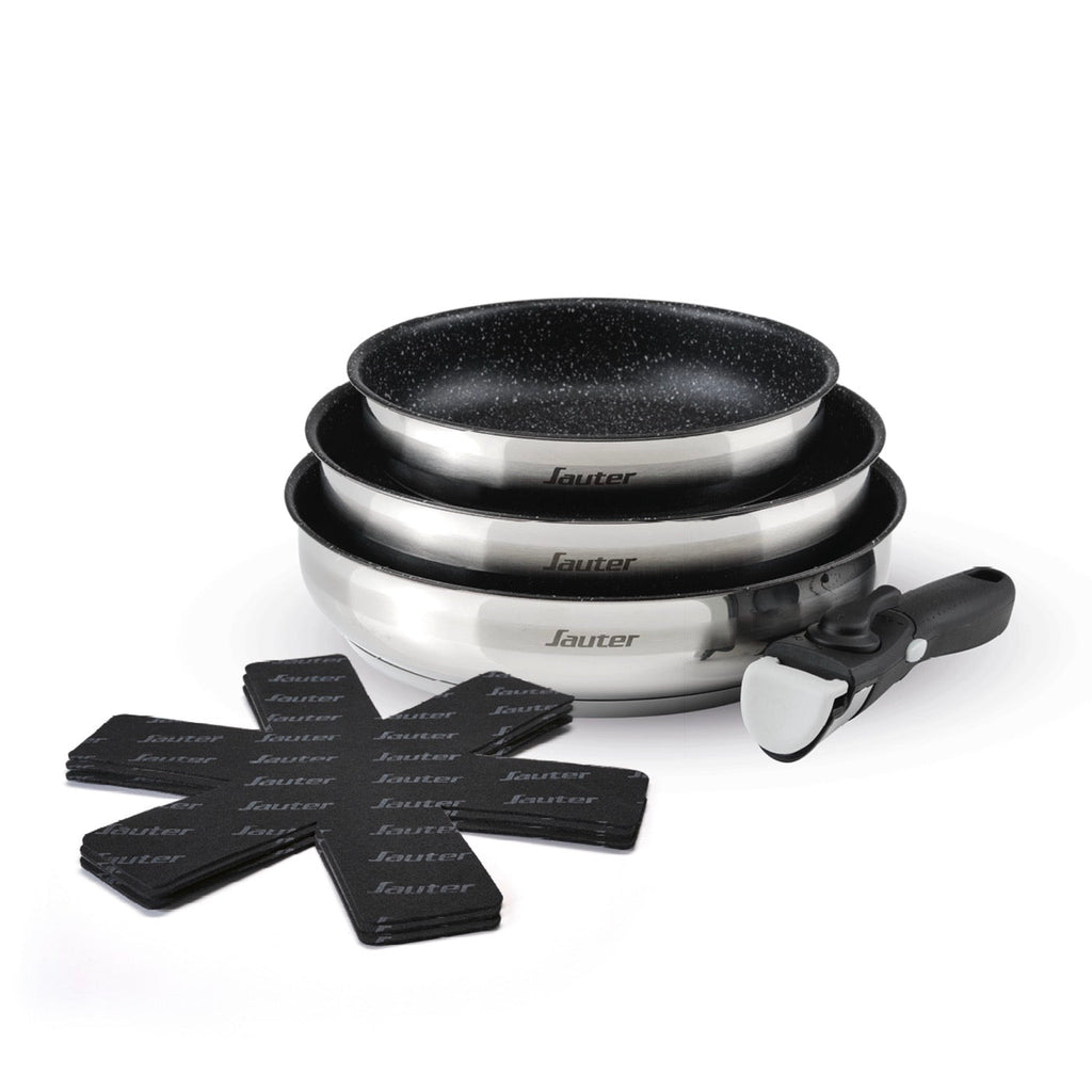 Set De 3 Sartenes Antiadherentes Con Mango Extraíble & 3 Protectores De Sartén - Amo Ceramic - Plateado