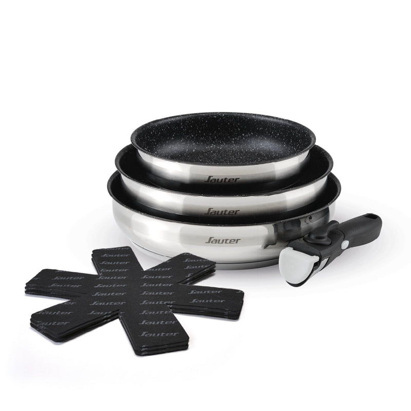 Juego de 3 Sartenes Antiadherentes con Mango Extraíble y 3 Protectores de Sartén - Amo Ceramic - Plata
