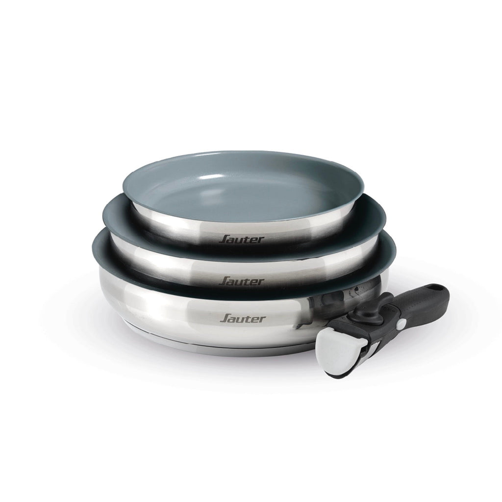 Set of 3 Non-Stick Frying Pans with Removable Handle - Amo Ceramic Grey - Silver