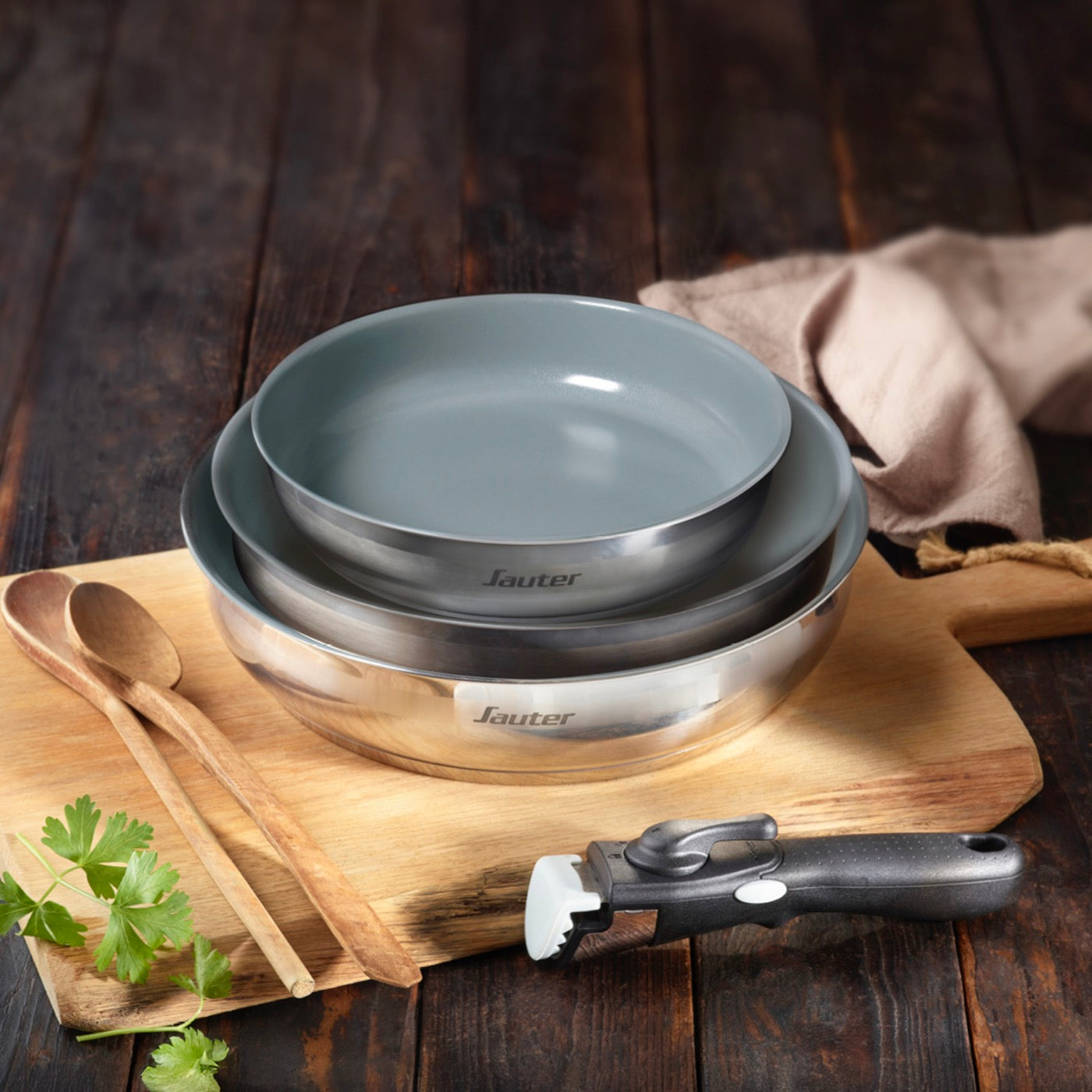 Juego de 3 Sartenes Antiadherentes con Mango Extraíble - Amo Cerámica Gris - Plata