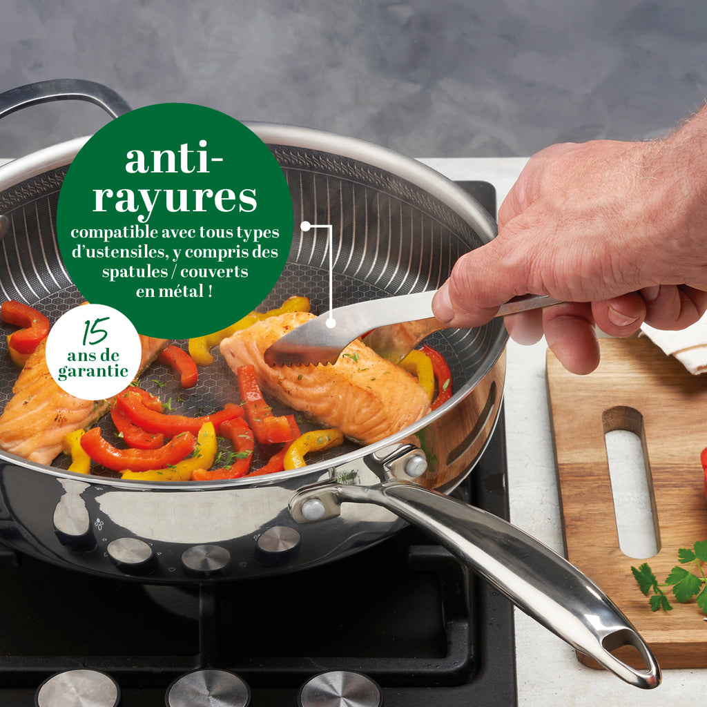 Wok En Acier Inoxydable Triply Revêtement Nid D'Abeille Anti-Adhésif 30 Cm - Argenté