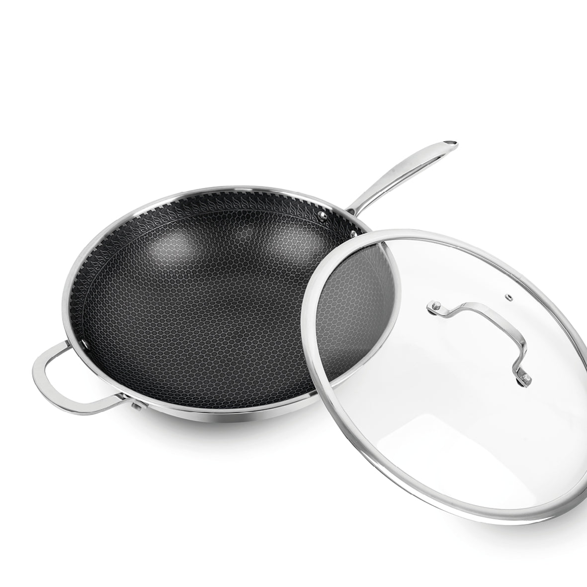Wok En Acier Inoxydable Triply Revêtement Nid D'Abeille Anti-Adhésif 30 Cm - Argenté