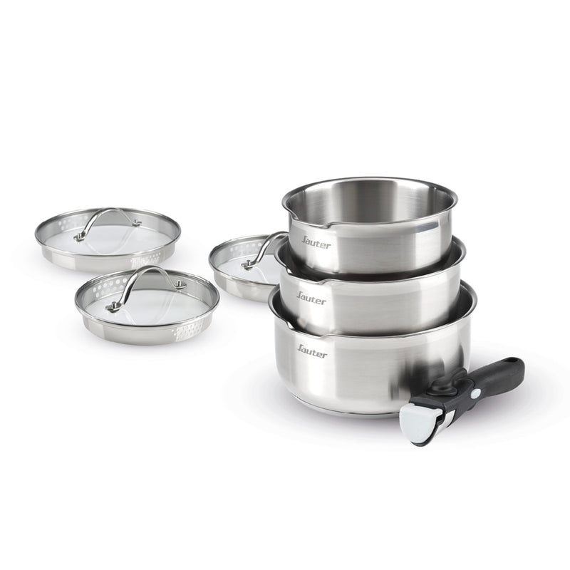 Set De 3 Casseroles En Inox Avec Poignée Amovible + 3 Couvercles Passoires Avec Manche En Inox - Argenté