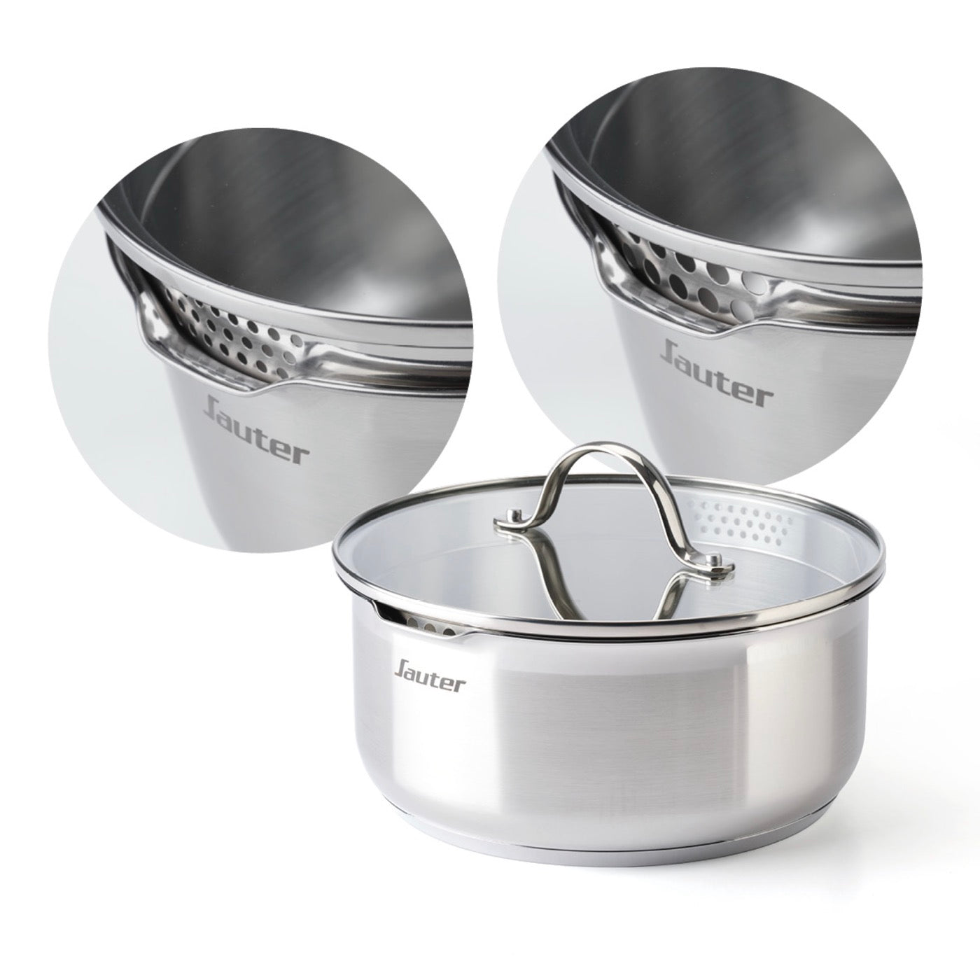 Set De 3 Casseroles En Inox Avec Poignée Amovible + 3 Couvercles Passoires Avec Manche En Inox - Argenté