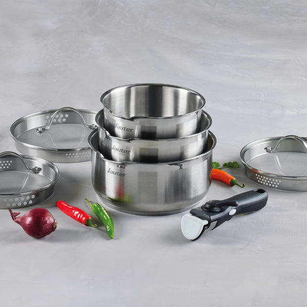 Set of 3 Stainless Steel Saucepans with Removable Handle + 3 Colander Lids with Stainless Steel Handle - Silver