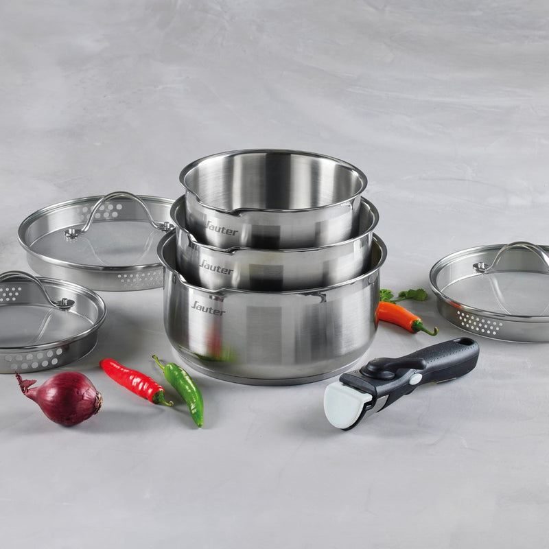 Set De 3 Casseroles En Inox Avec Poignée Amovible + 3 Couvercles Passoires Avec Manche En Inox - Argenté
