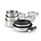 Juego de 3 cacerolas de acero inoxidable + 2 sartenes con revestimiento antiadherente + 1 mango extraíble + 3 tapas de colador con mango de acero inoxidable - plateado/negro