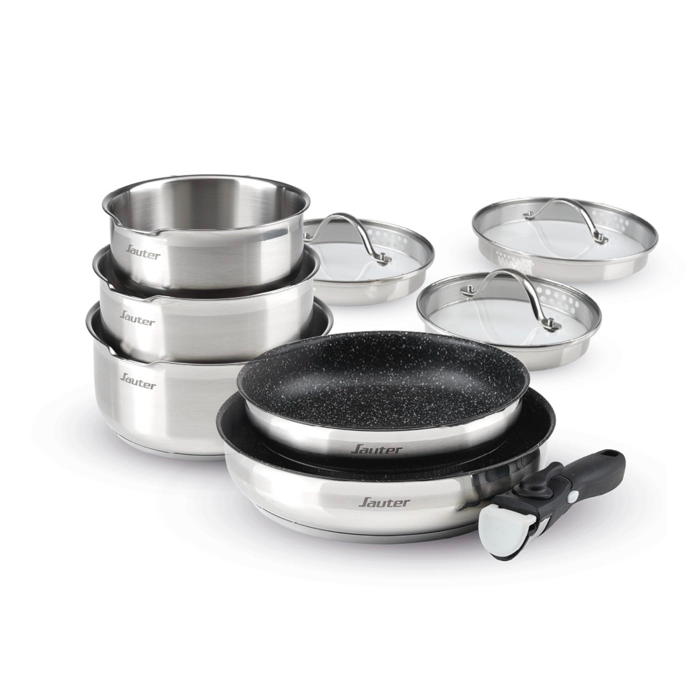 Juego de 3 cacerolas de acero inoxidable + 2 sartenes con revestimiento antiadherente + 1 mango extraíble + 3 tapas de colador con mango de acero inoxidable - plateado/negro