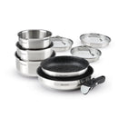 Set De 3 Casseroles En Inox + 2 Poêles Avec Revêtement Anti-Adhérent + 1 Poignée Amovible + 3 Couvercles Passoires Avec Manche En Inox - Argenté/Noir