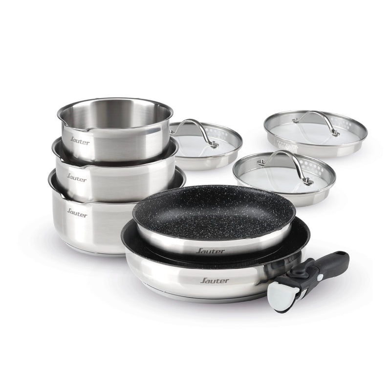 Set De 3 Casseroles En Inox + 2 Poêles Avec Revêtement Anti-Adhérent + 1 Poignée Amovible + 3 Couvercles Passoires Avec Manche En Inox - Argenté/Noir