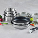 Set De 3 Casseroles En Inox + 2 Poêles Avec Revêtement Anti-Adhérent + 1 Poignée Amovible + 3 Couvercles Passoires Avec Manche En Inox - Argenté/Noir