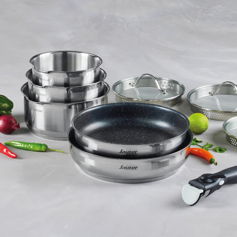Set De 3 Casseroles En Inox + 2 Poêles Avec Revêtement Anti-Adhérent + 1 Poignée Amovible + 3 Couvercles Passoires Avec Manche En Inox - Argenté/Noir