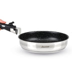 Set of 3 Stainless Steel Saucepans + 3 Frying Pans with Non-Stick Coating + Removable Handle - Silver/Black