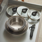 Set of 3 Stainless Steel Saucepans + 3 Frying Pans with Non-Stick Coating + Removable Handle - Silver/Black