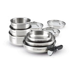 Set of 3 Stainless Steel Saucepans + 3 Frying Pans + 1 Removable Handle + 3 Colander Lids with Stainless Steel Handle - Silver