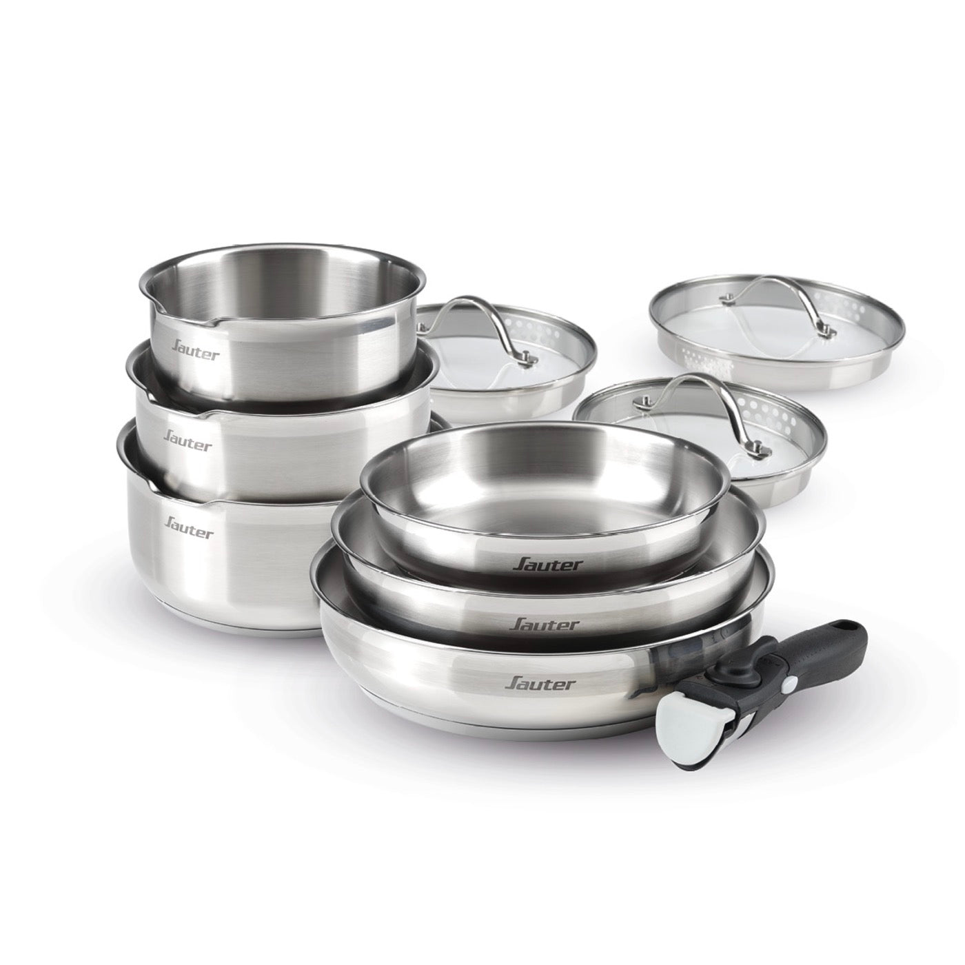 Set of 3 Stainless Steel Saucepans + 3 Frying Pans + 1 Removable Handle + 3 Colander Lids with Stainless Steel Handle - Silver