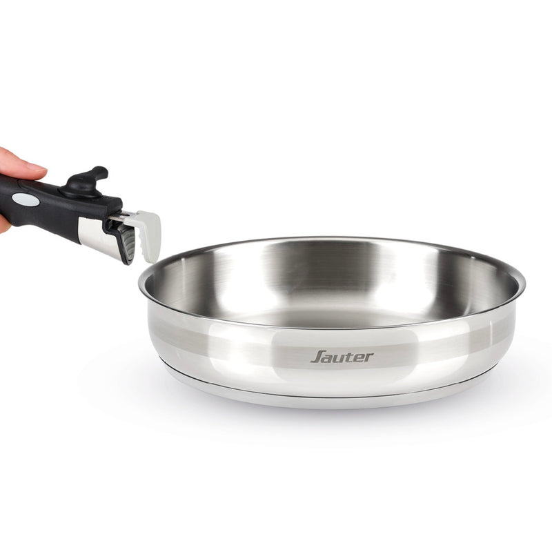 Set De 3 Casseroles En Inox + 3 Poêles + 1 Poignée Amovible + 3 Couvercles Passoires Avec Manche En Inox - Argenté