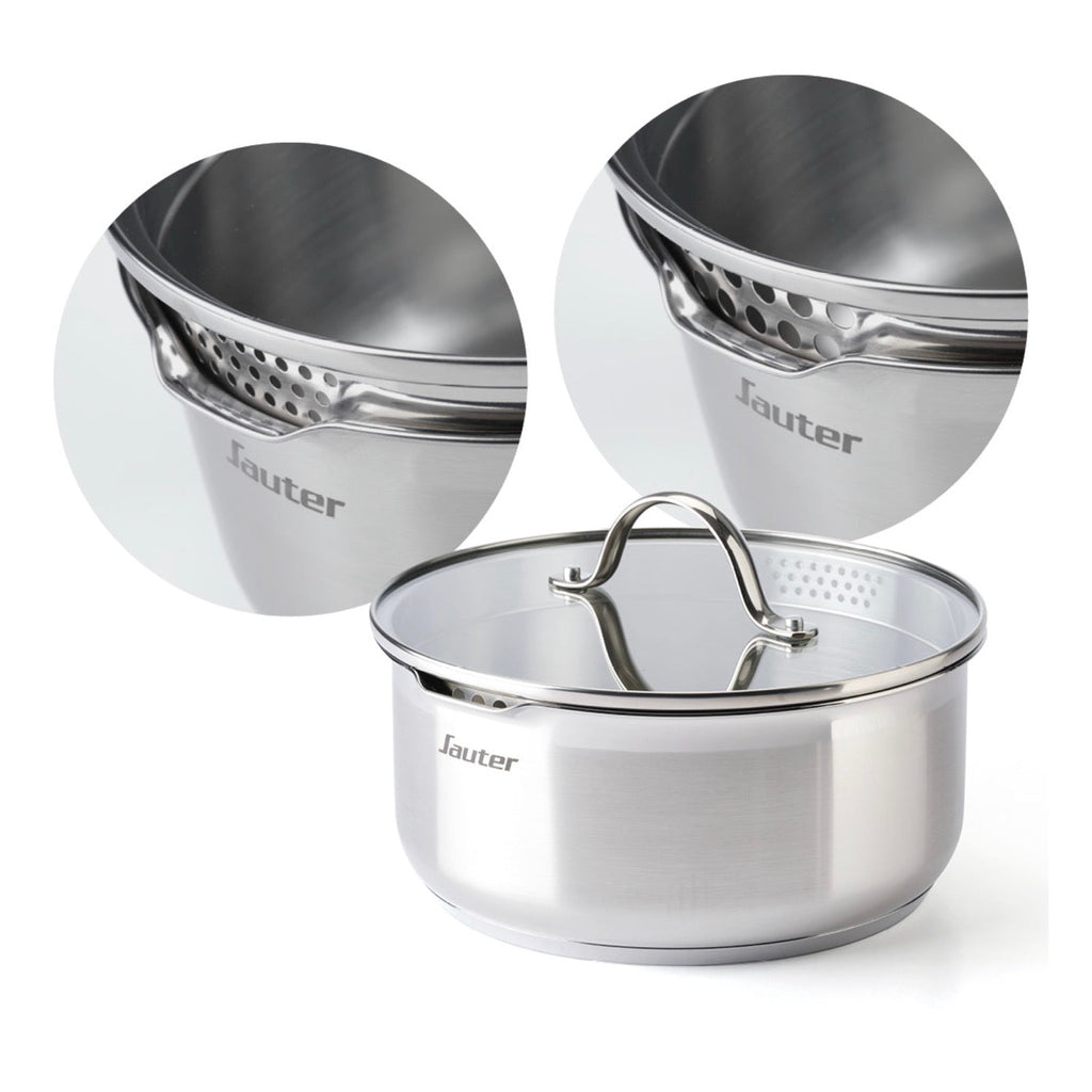 Set of 3 Stainless Steel Saucepans + 3 Frying Pans + 1 Removable Handle + 3 Colander Lids with Stainless Steel Handle - Silver