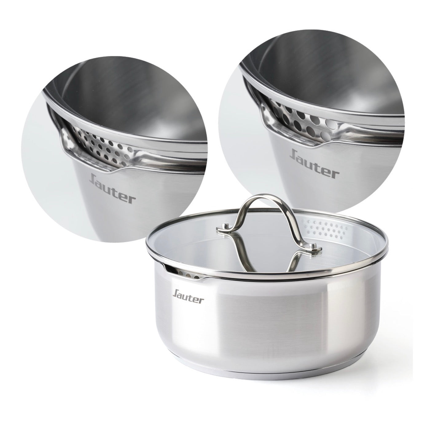 Set of 3 Stainless Steel Saucepans + 3 Frying Pans + 1 Removable Handle + 3 Colander Lids with Stainless Steel Handle - Silver