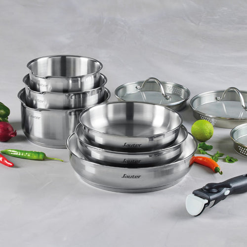 Set De 3 Casseroles En Inox + 3 Poêles + 1 Poignée Amovible + 3 Couvercles Passoires Avec Manche En Inox - Argenté