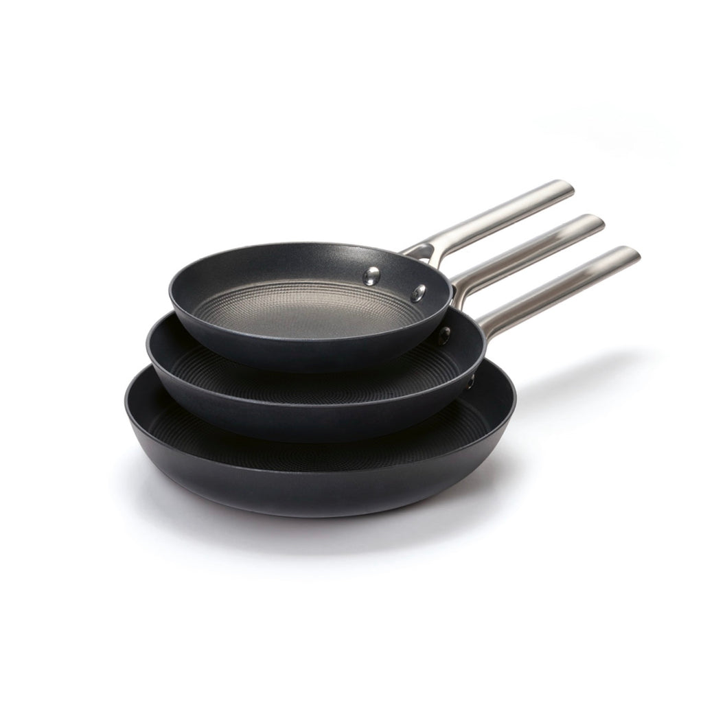Juego de 3 sartenes de hierro fundido con estructura de panal y mango de acero inoxidable, color negro