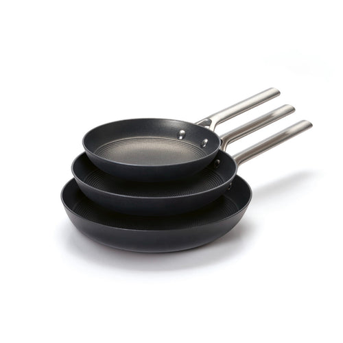 Set De 3 Poêle En Fonte Structure Nid D'Abeille Avec Poignée En Inox - Noir