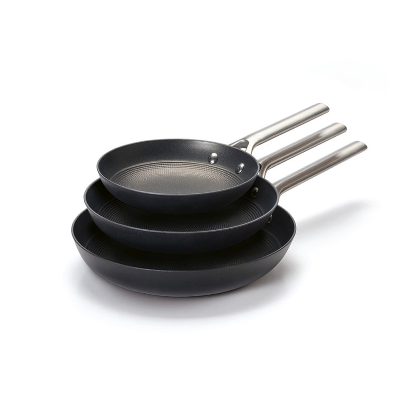 Set De 3 Poêle En Fonte Structure Nid D'Abeille Avec Poignée En Inox - Noir