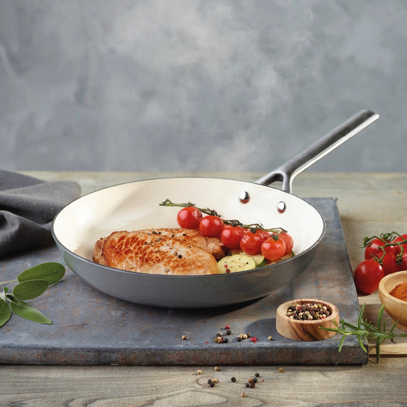 Set De 3 Poêles En Fonte Émaillée Avec Poignée En Inox - Gris Foncé/Crème + Set De 3 Separateurs De Poêle - Foncé/Crème + Noir