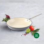 Juego de 3 sartenes de hierro fundido esmaltado con mango de acero inoxidable - gris oscuro/crema + juego de 3 separadores de sartén - oscuro/crema + negro