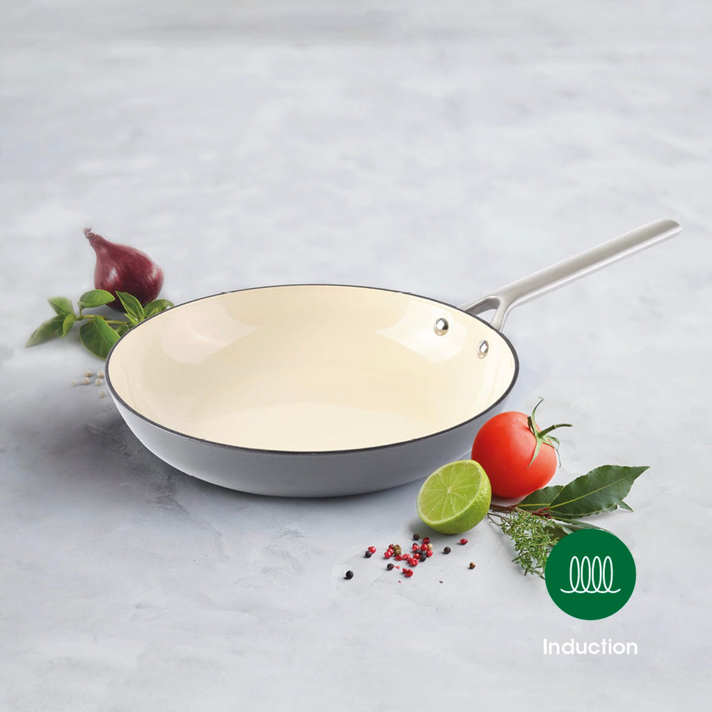 Set De 3 Sartenes De Hierro Fundido Esmaltado Con Mango De Inox - Gris Oscuro/Crema + Set De 3 Separadores De Sartén - Oscuro/Crema + Negro