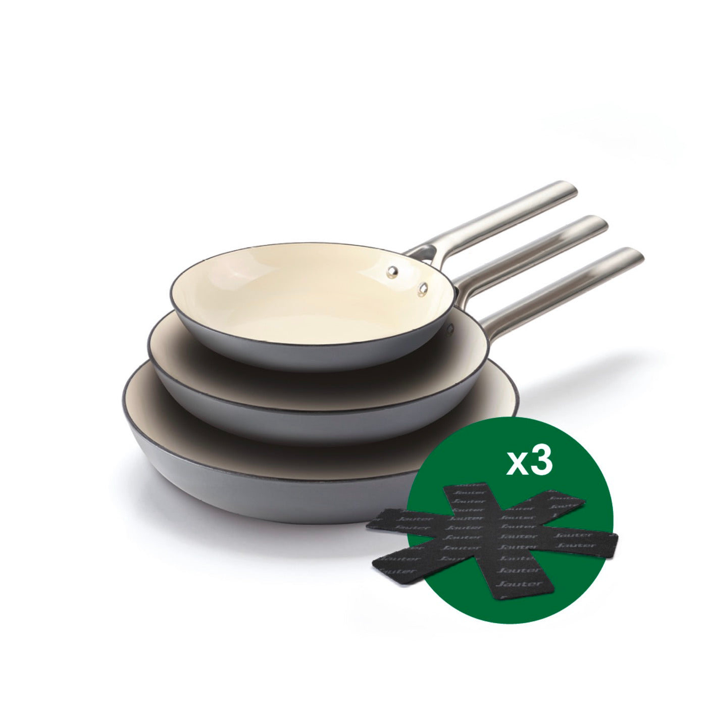 Set De 3 Sartenes De Hierro Fundido Esmaltado Con Mango De Inox - Gris Oscuro/Crema + Set De 3 Separadores De Sartén - Oscuro/Crema + Negro
