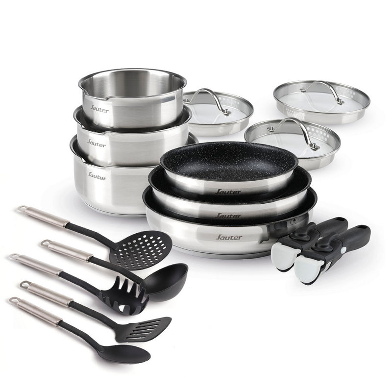 Non-Stick Stackable Battery with Removable Handle 16 Pieces - Silver
