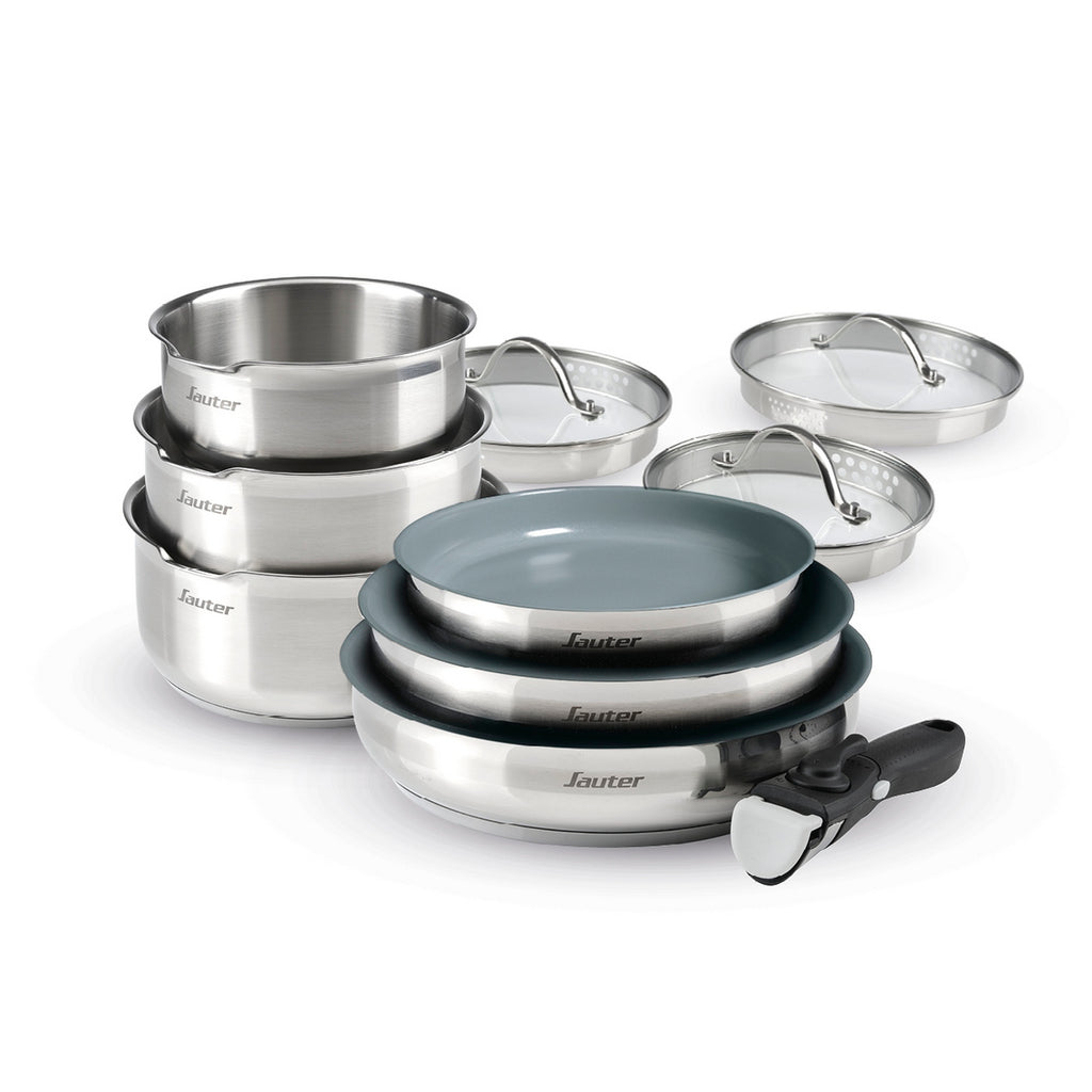 Non-Stick Stackable Battery with Removable Handle 10 Pieces - Silver