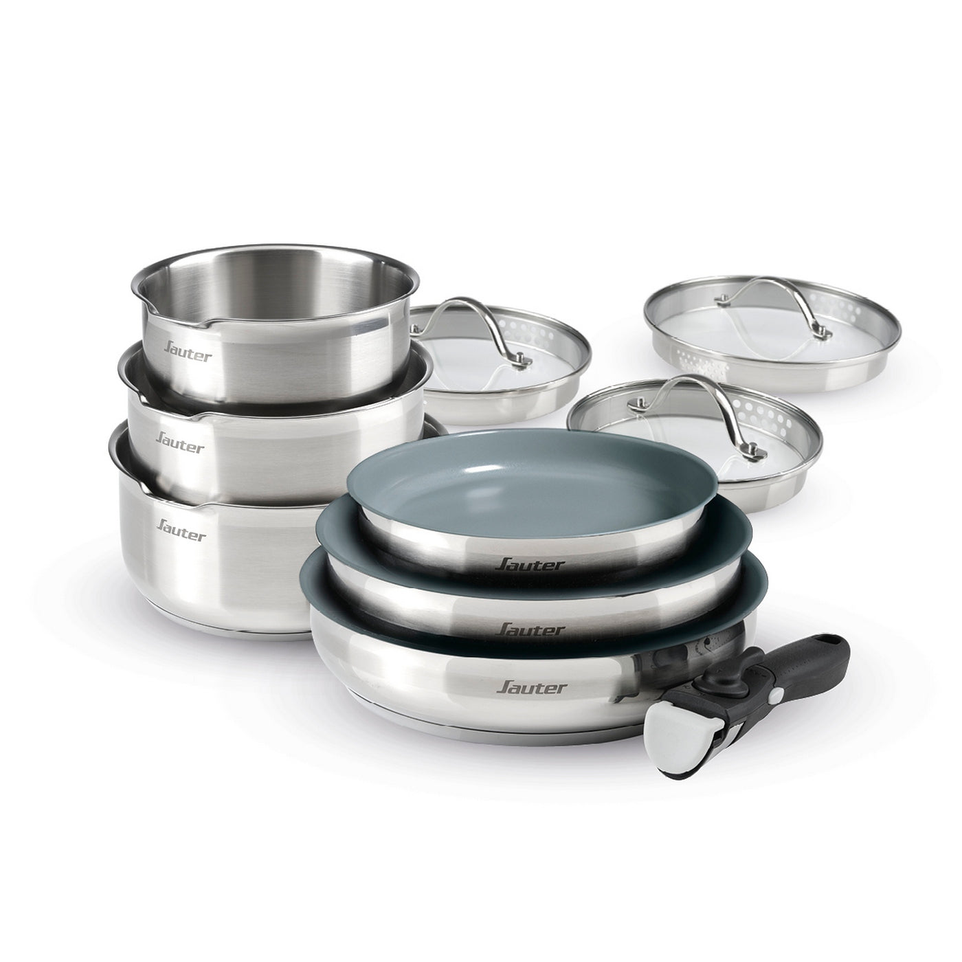 Non-Stick Stackable Battery with Removable Handle 10 Pieces - Silver