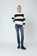 Berenice - Jersey Cuello Redondo Rayas Tachuelas - Off White / Navy