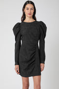 Long Sleeve Ruched Dress - Black Chevron